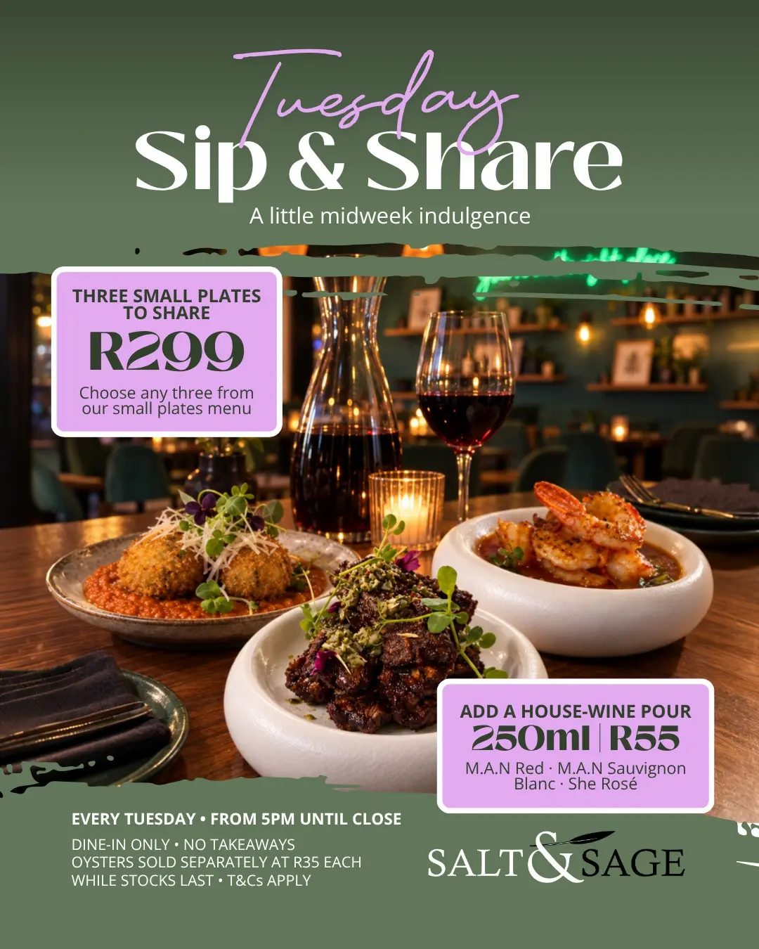 Three small plates to share for R299, add a house-wine for R55